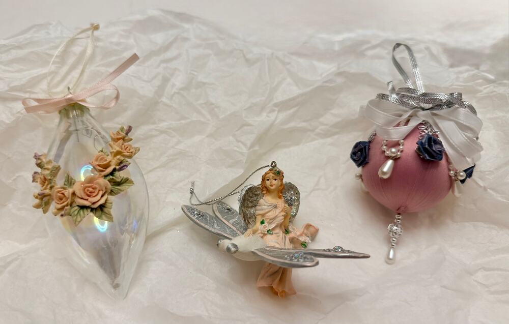 Vintage Christmas Ornament Set of 3 – Victorian Rose Fairy Dragonfly Satin Ball